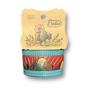Justin Blue Brown Leather‎ Cuff Bracelet Tooled Western Sunset Cactus Cowgirl